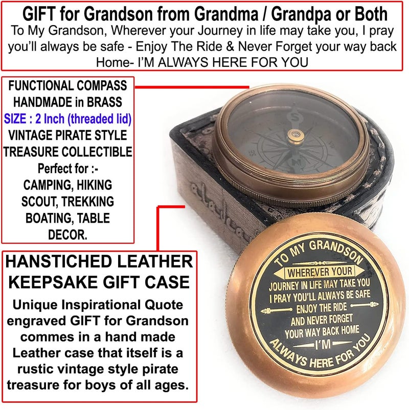 ALADEAN Gift for Grandson Brass Compass Engraved Quote | Memory Present to My Grandson Birthday, Baptism, Graduation, Confirmation, Love, Gift idea by Grandpa Grandma - Image 2